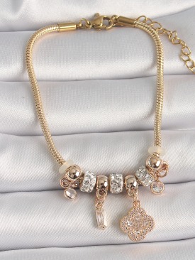 Erb 316L Çelik Gold Renk Zincir Sallantı Zirkon Taşlı Yonca Figür Kadın Bileklik