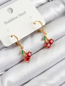 Erb 316L Çelik Zirkon Taşlı Sallantılı Kiraz Model Gold Renk Kadın Küpe