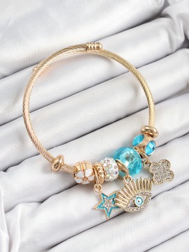 Erb 316L Çelik Mavi Zirkon Taşlı Yıldız Göz Ve Yonca Model Gold Renk Charm Bileklik