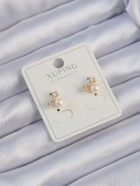 Erb Xuping Gold Renk Zirkon Taşlı İncili Fiyonk Küpe