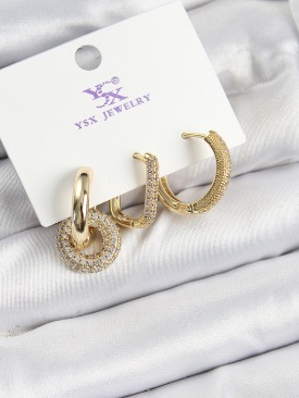 Erb Pirinç Zİrkon Taşlı Halka Model Gold Renk 3\'lü Kadın Küpe