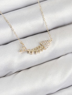 Erb Pirinç Zirkon Taşlı Balık Kılçığı Model Gold Renk Kadın Kolye