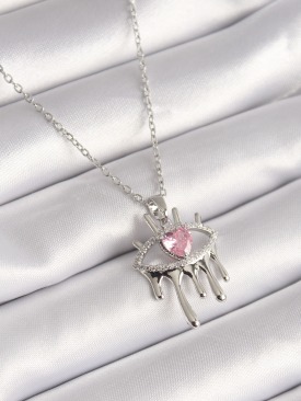 Erb 316L Çelik Gümüş Renk Zincir Zirkon Taşlı Göz Model Pembe Zirkon Taş Kalpli Kadın Kolye
