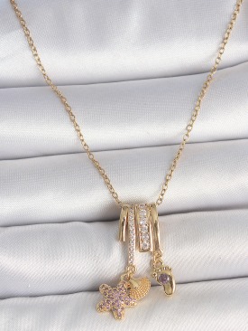 Erb 316L Çelik Gold Renk Sallantı Zirkon Taşlı Mor Taşlı Ayıcık Figür Charm Kadın Kolye