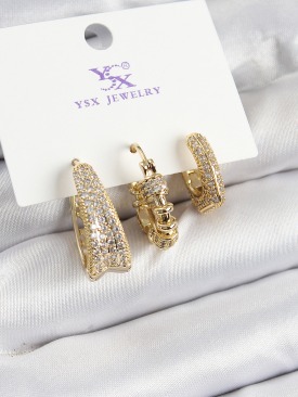 Erb Pirinç Zİrkon Taşlı Halka Model Gold Renk 3\'lü Kadın Küpe