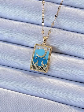 Erb 316L Çelik Zincir Altın Renk Mavi Mineli Ay Figür Tarot Kolye