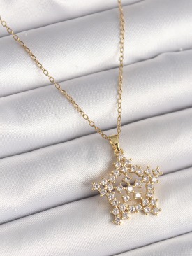 Erb 316L Çelik Gold Renk Zincir Zirkon Taşlı Kar Tanesi Model Kadın Kolye