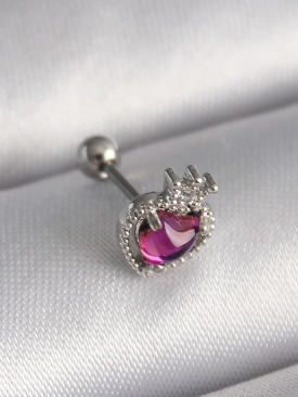 Erb 316L Çelik Gümüş Renk Pembe Mineli Kalp Zirkon Taş Detaylı Taç Tragus Piercing
