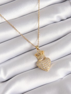 Erb 316L Çelik Gold Renk Zirkon Taşlı Taçlı Kalp Model Kadın Kolye