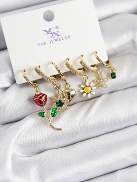 Erb Pirinç Zİrkon Taşlı Gül Ve Papatya Model Gold Renk 3\'lü Çift Kadın Küpe