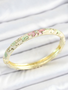 Erb Mineli Pirinç Zirkon Taşlı Yeşil Pembe Çiçek Desenli Gold Renk Kadın Kelepçe