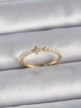 Erb Pirinç Gold Renk Zirkon Taşlı Yıldız Sıralı İncili Ayarlanabilir Model Kadın Yüzük