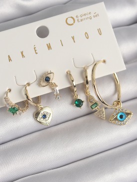 Erb Pirinç Gold Renk Sallantı Zirkon Taşlı Göz Figür VIP Seri Kadın Küpe Seti