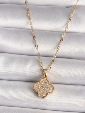 Erb 316L Çelik Gold Renk Zirkon Taşlı Yonca Model Kadın Kolye