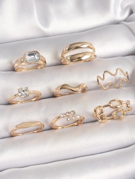 Erb Pirinç Gold Renk Zirkon Taşlı Dalga Model Zincir Detay Kadın Yüzük Kombini