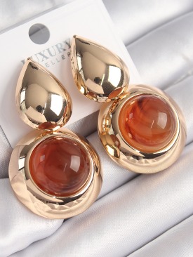 Erb Pirinç Gold Renk Damla Model Turuncu Doğal Taşlı Vintage Kadın Küpe