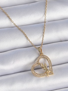 Erb 316L Çelik Zincir Gold Renk Zirkon Taşlı Kalp Model Melek Detay Kadın Kolye