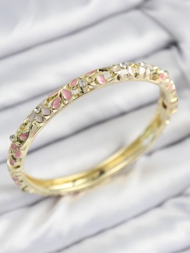 Erb Mineli Pirinç Zirkon Taşlı Pembe Çiçek Motifli Gold Kadın Kelepçe