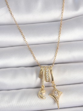 Erb 316L Çelik Gold Renk Zirkon Taşlı Sallantı Ay Yıldız Figür Charm Kadın Kolye