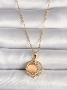 Erb 316L Çelik Gold Renk Zirkon Taşlı Turuncu Sedefli Hilal Model Kadın Kolye