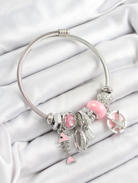 Erb 316L Çelik Pembe Zirkon Taşlı Balık Deniz Kabuğu Ve Deniz Yıldızı Model Gümüş Renk Charm Bileklik