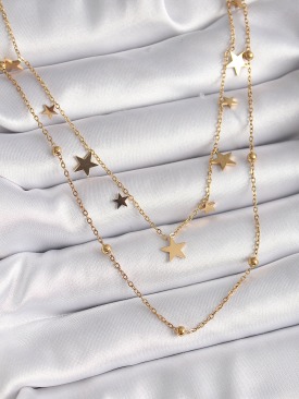 Erb 316L Çelik Gold Renk Zincir 2\'Li Yıldız Model Topçuk Detay Kadın Kolye