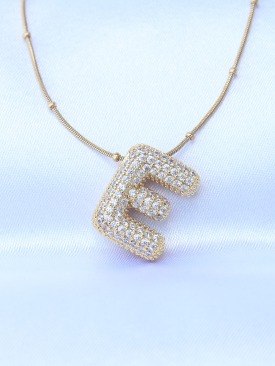 Erb 316L Çelik Zincirli Zirkon Taşlı E Harfli Gold Renk Bubble Kolye