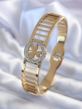 Erb 316L Çelik Gold Renk Zirkon Taşlı Yonca Model Kadın Kelepçe