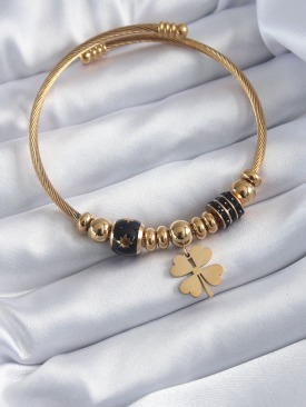 Erb 316L Çelik Gold Renk Charm Model Yonca Figür Zirkon Taş Detay Kadın Bileklik