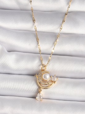 Erb 316L Gold Renk Zirkon Taşlı Ay Yıldız Model Sallantı Detay Kadın Kolye