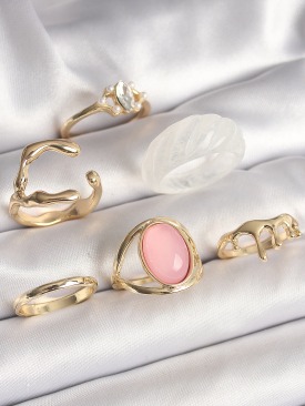 Erb Pirinç Gold Renk Zirkonlı Oval Pembe Mineli 6\'Lı Kadın Yüzük Seti