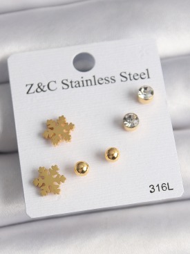 Erb 316L Çelik Gold Renk Zirkon Taşlı Kar Tanesi Model Kadın Küpe Seti