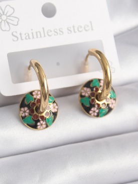 Erb 316L Çelik Gold Renk Siyah Motif Model Kadın Küpe