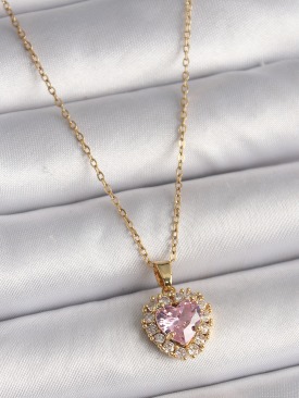 Erb 316L Çelik Gold Renk Zincir Pembe Zirkon Taşlı Kalp Model Kadın Kolye
