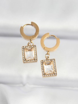 Erb 316L Çelik Gold Renk Taşlı Dikdörtgen Model Küpe