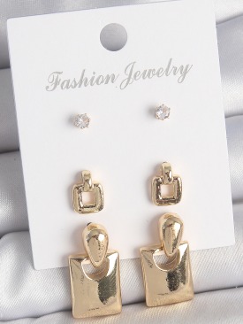 Erb Pirinç Gold Renk Zirkon Taşlı Sallantılı Kare Model 3 Çift Kadın Küpe Seti