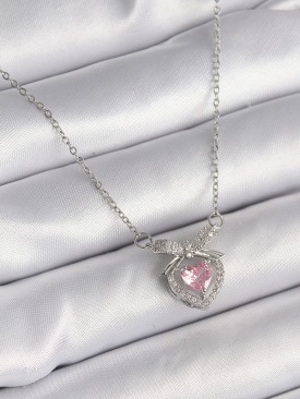 Erb 316L Çelik Gümüş Renk Zincir Pembe Zirkon Taşlı Kalp Figür Kadın Kolye