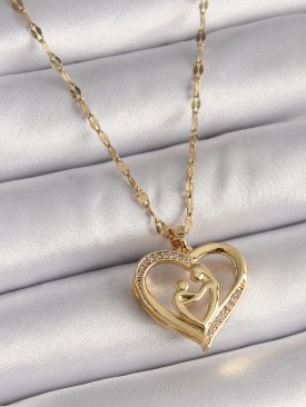 Erb 316L Çelik Gold Renk Zincir Zirkon Taşlı Kalp Anne Çocuk Figür Kadın Kolye