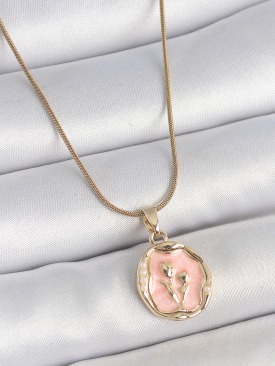 Erb 316L Çelik Gold Renk Zincir Pembe Mineli Çiçek İşlemeli Portre Model Kadın Kolye