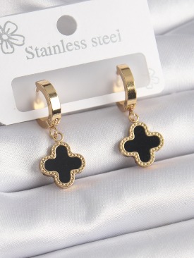 Erb 316L Çelik Gold Renk Siyah Yonca Model Kadın Küpe