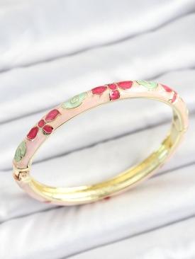 Erb Mineli Pirinç Beyaz Pembe Yeşil Çiçek Desenli Gold Renk Kadın Kelepçe