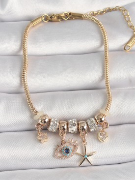 Erb 316L Çelik Gold Renk Zincir Sallantı Zirkon Taşlı Göz Figür Yıldız Detay Kadın Bileklik