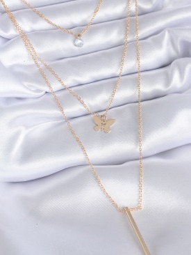 Erb Gold Renk 3\'lü Kelebek Figür Zirkon Taş Detay Kadın Kolye