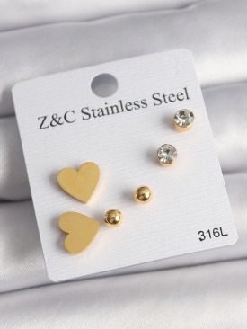 Erb 316L Çelik Gold Renk Zirkon Taşlı Kalpli Kadın Küpe Seti