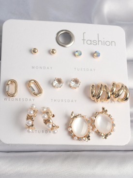 Erb Pirinç Gold Renk Zirkon Taşlı İncili Xoxo Model 7 Çift Kadın Küpe Seti