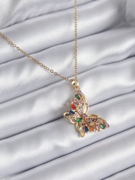 Erb 316L Çelik Gold Renk Zirkon Taşlı Kelebek Model Kadın Kolye
