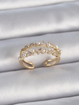 Erb Pirinç Gold Renk Zirkon Taşlı İncili Ayarlanabilir Model Kadın Yüzük
