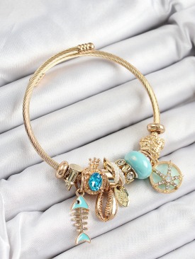 Erb 316L Çelik Mavi Zirkon Taşlı Balık Deniz Kabuğu Ve Deniz Yıldızı Model Gold Renk Charm Bileklik