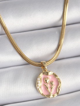 Erb 316L Çelik Gold Renk İtalyan Zincir Pembe Çiçek Madalyon Model Kadın Kolye