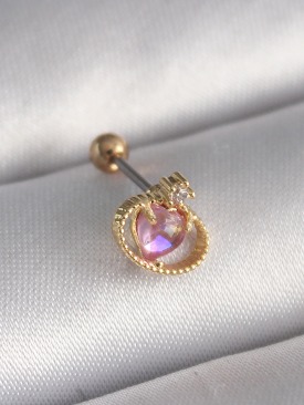 Erb 316L Çelik Gold Renk Pembe Mineli Kalp Zirkon Taş Detay Tragus Piercing
